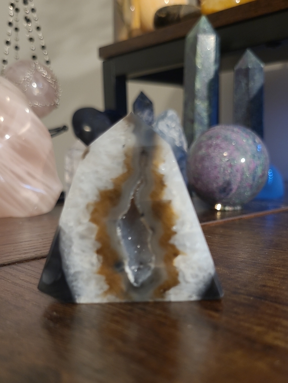Natural Agate Geode Pyramid Decorative Accent - White and Brown and Black